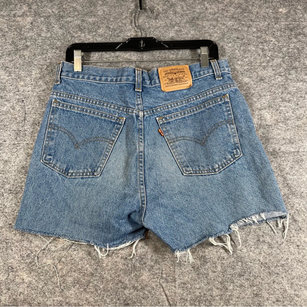 Vintage Levis Cut Off Orange Tab Denim Shorts Blue 33 High Rise Raw Hem Casual - Picture 8 of 16